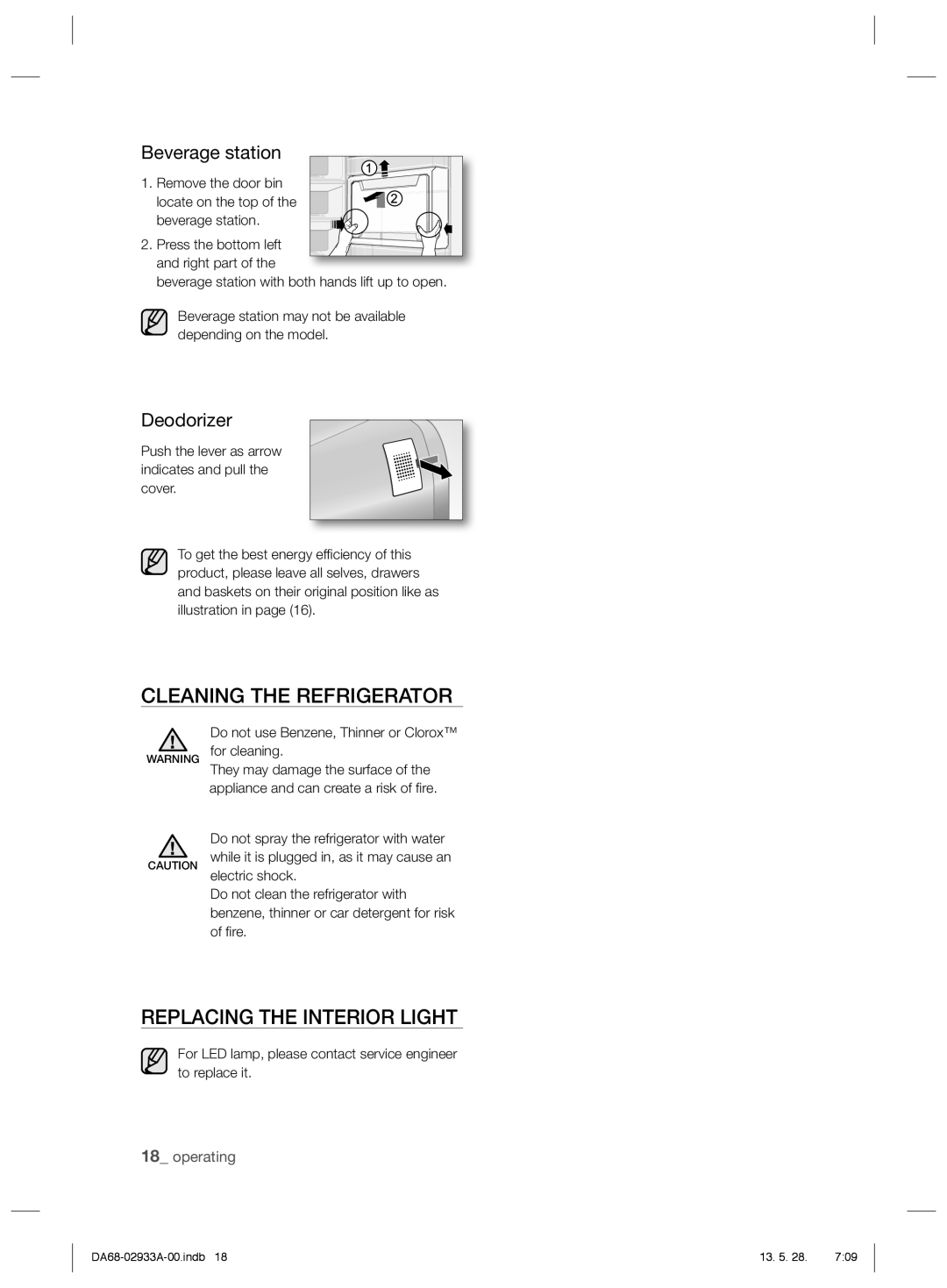 Samsung RR3773ATCSR/ES manual Cleaning the Refrigerator, Replacing the Interior Light, Beverage station, Deodorizer 