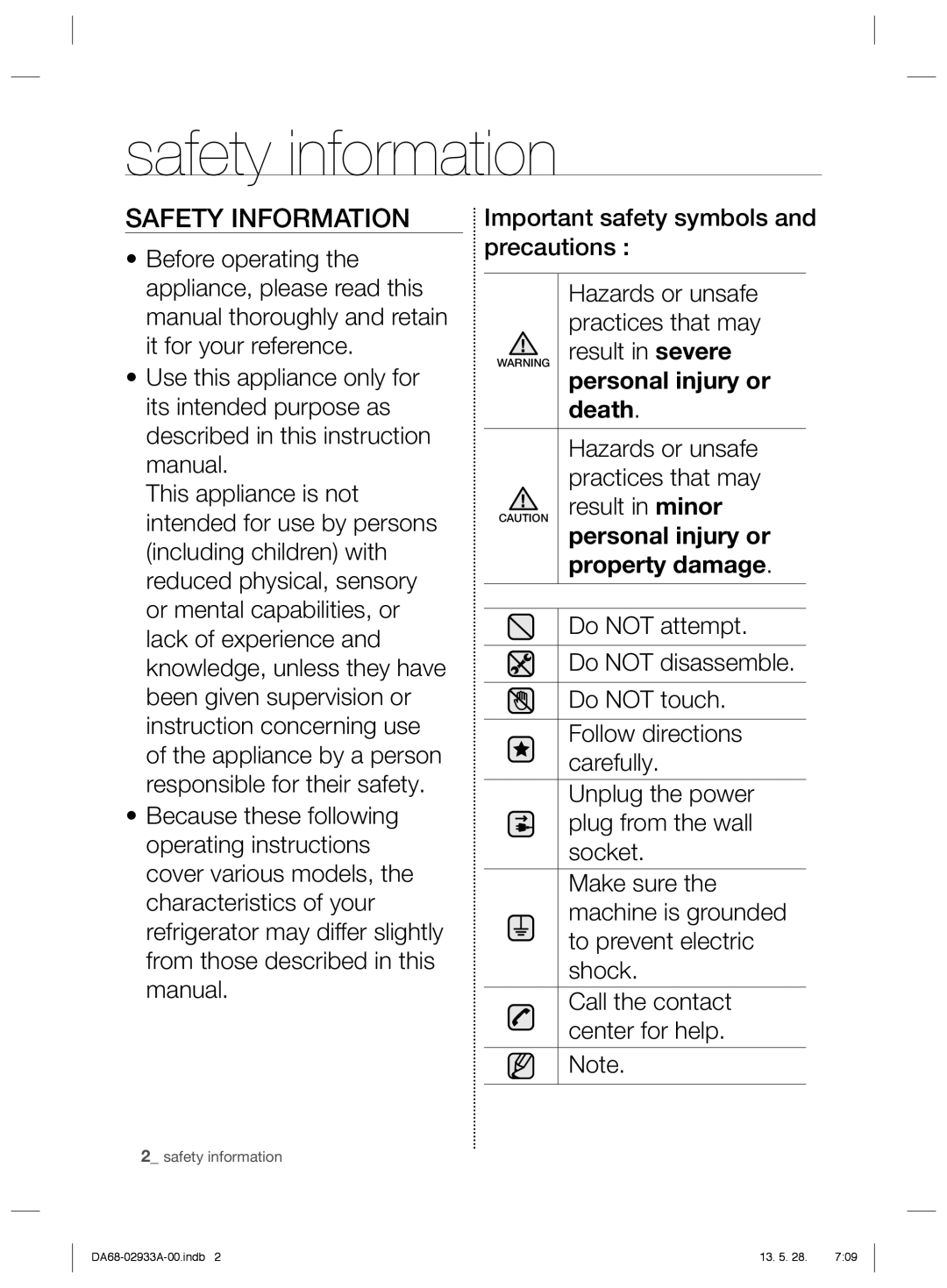 Samsung RR3773ATCSR/ES manual Safety information, Safety Information 