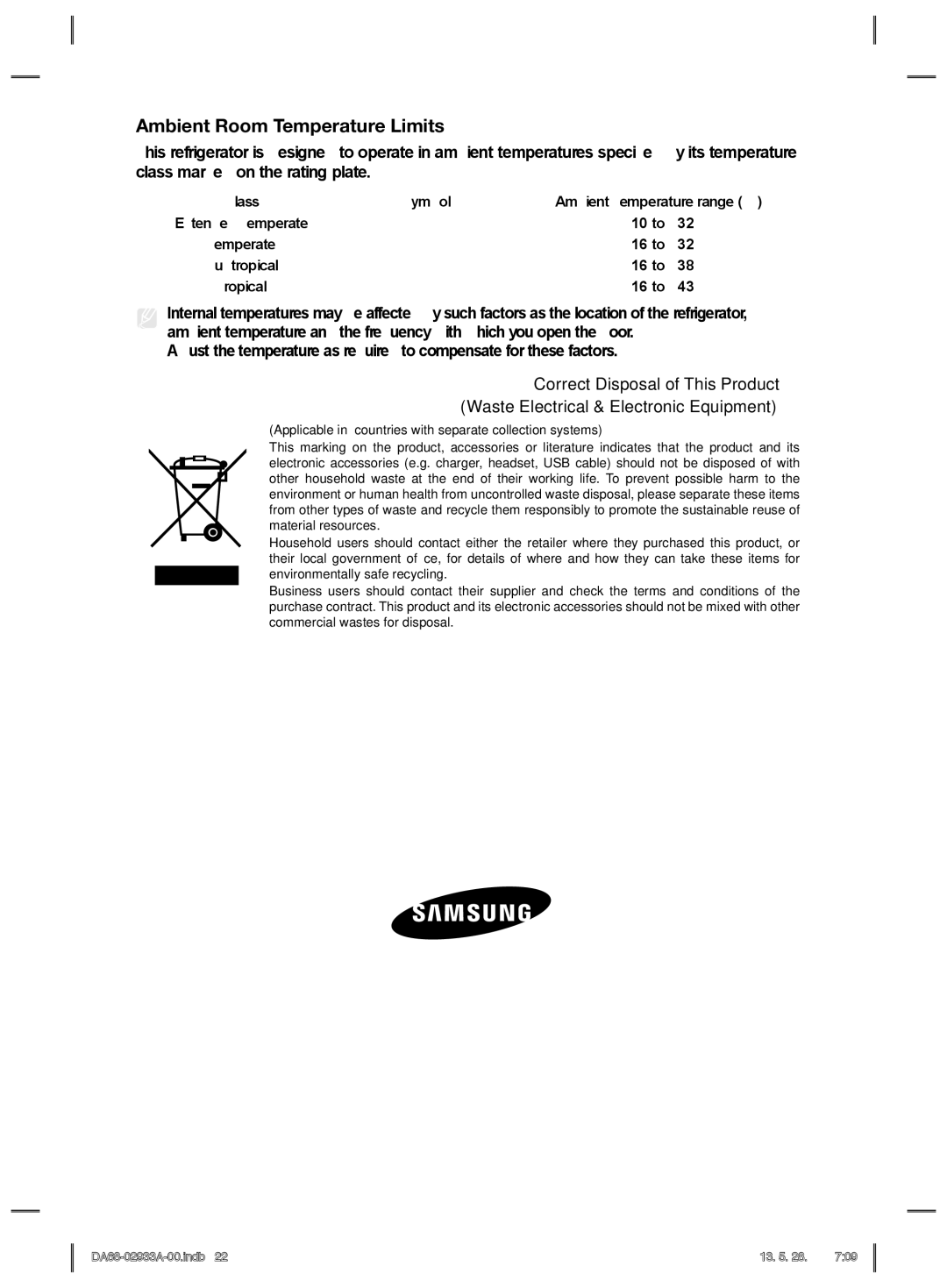 Samsung RR3773ATCSR/ES manual Ambient Room Temperature Limits, Class Symbol Ambient Temperature range C 