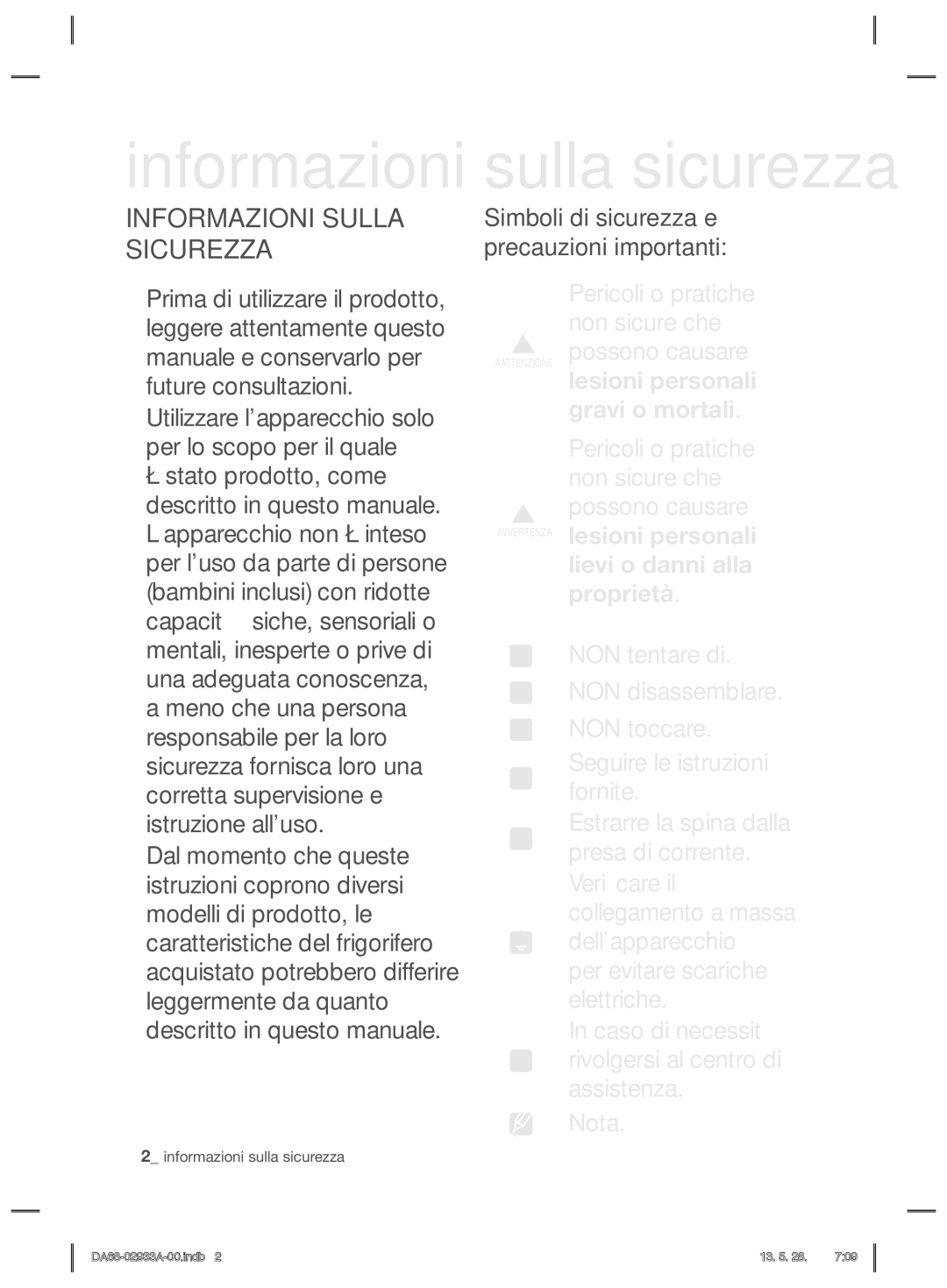 Samsung RR3773ATCSR/ES manual Informazioni sulla sicurezza, Informazioni Sulla Sicurezza 