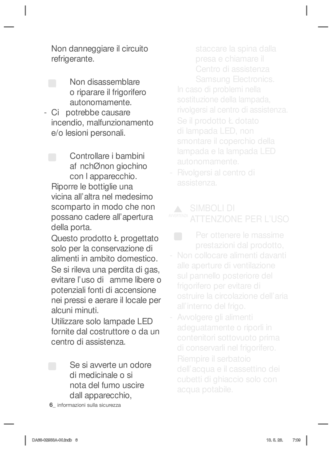 Samsung RR3773ATCSR/ES manual Simboli DI Avvertenza Attenzione PER Luso 