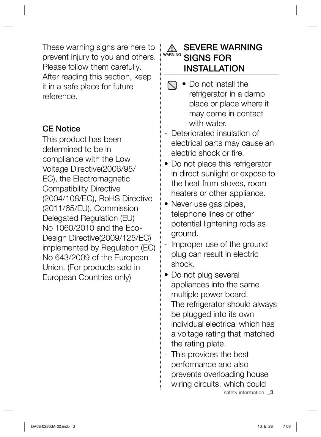 Samsung RR3773ATCSR/ES manual Severe Warning Warning Signs for Installation 