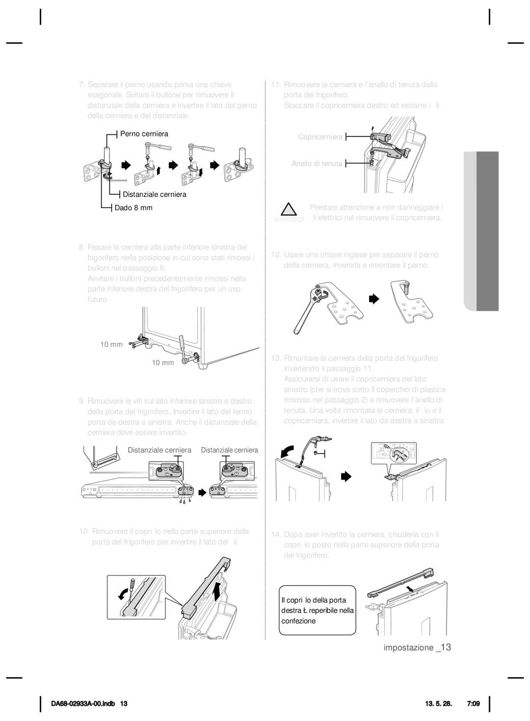 Samsung RR3773ATCSR/ES manual Perno cerniera Distanziale cerniera Dado 8 mm 