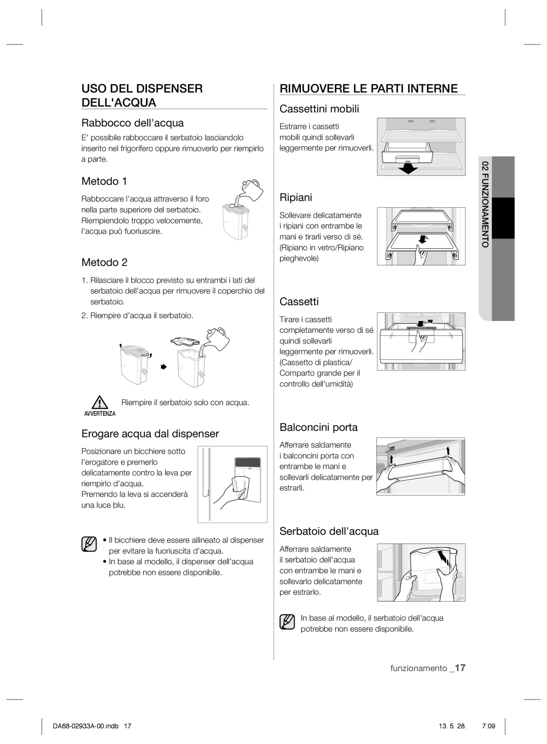 Samsung RR3773ATCSR/ES manual USO DEL Dispenser Dellacqua, Rimuovere LE Parti Interne 