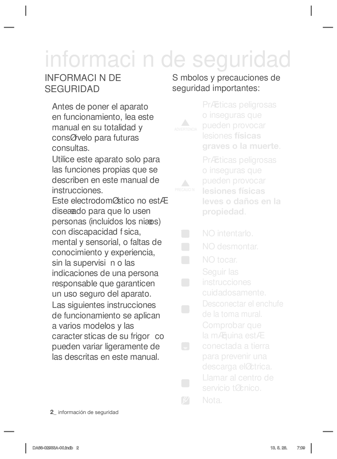 Samsung RR3773ATCSR/ES manual Información de seguridad, Información DE Seguridad 