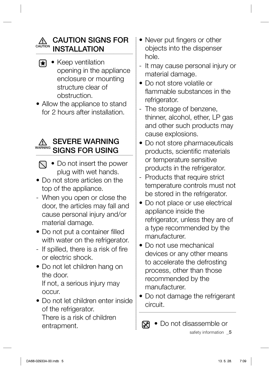 Samsung RR3773ATCSR/ES manual Severe Warning Warning Signs for Using 