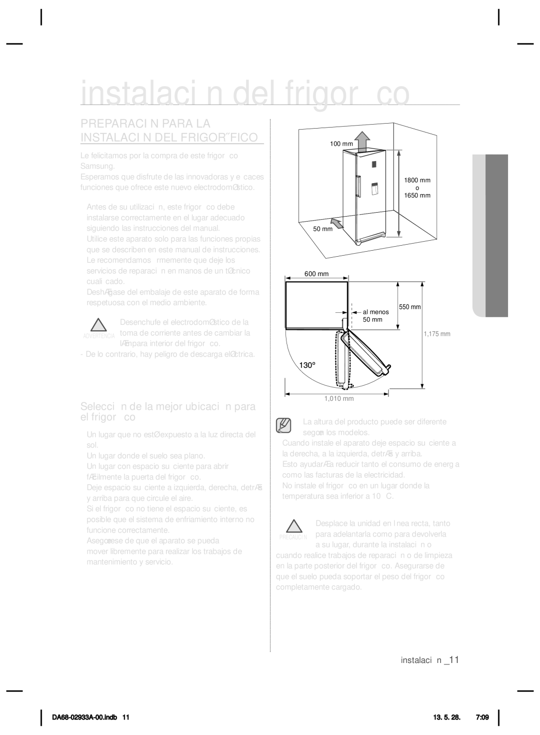 Samsung RR3773ATCSR/ES manual Instalación del frigoríﬁ co, Preparación Para LA Instalación DEL Frigorífico 