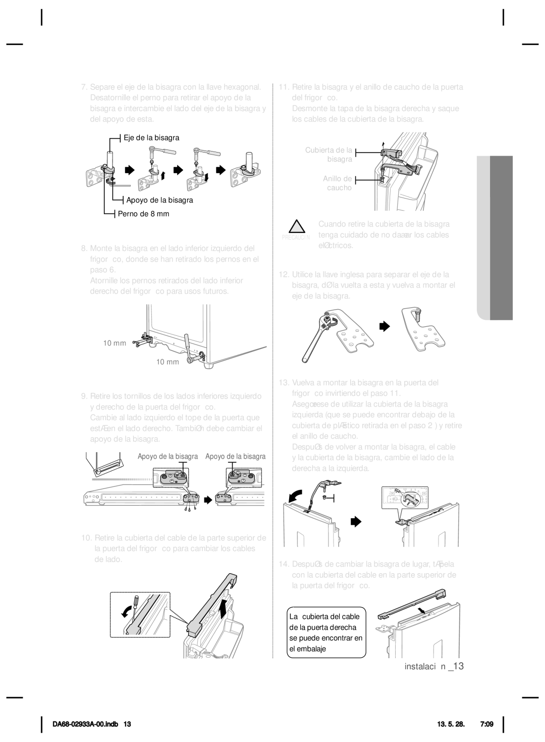 Samsung RR3773ATCSR/ES manual Eje de la bisagra Apoyo de la bisagra Perno de 8 mm 