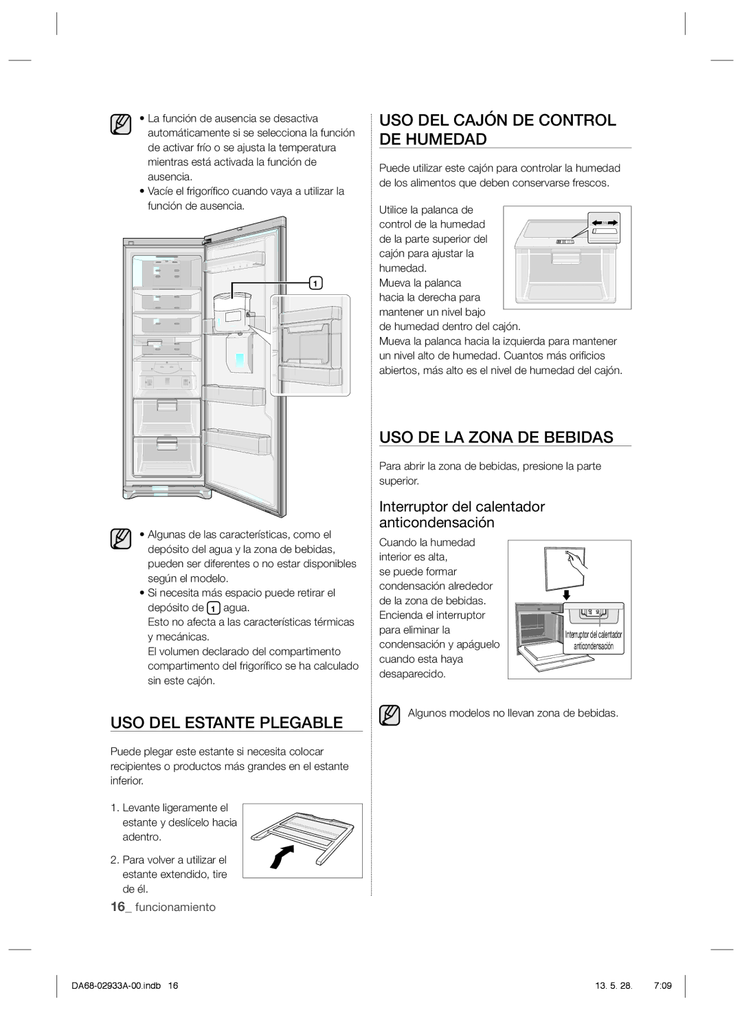 Samsung RR3773ATCSR/ES manual USO DEL Cajón DE Control DE Humedad, USO DE LA Zona DE Bebidas, USO DEL Estante Plegable 