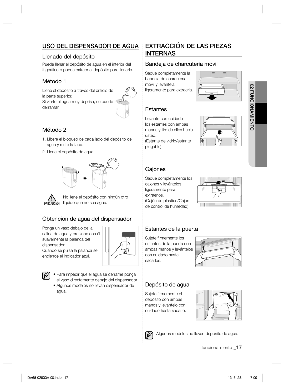 Samsung RR3773ATCSR/ES manual USO DEL Dispensador DE Agua, Extracción DE LAS Piezas Internas 