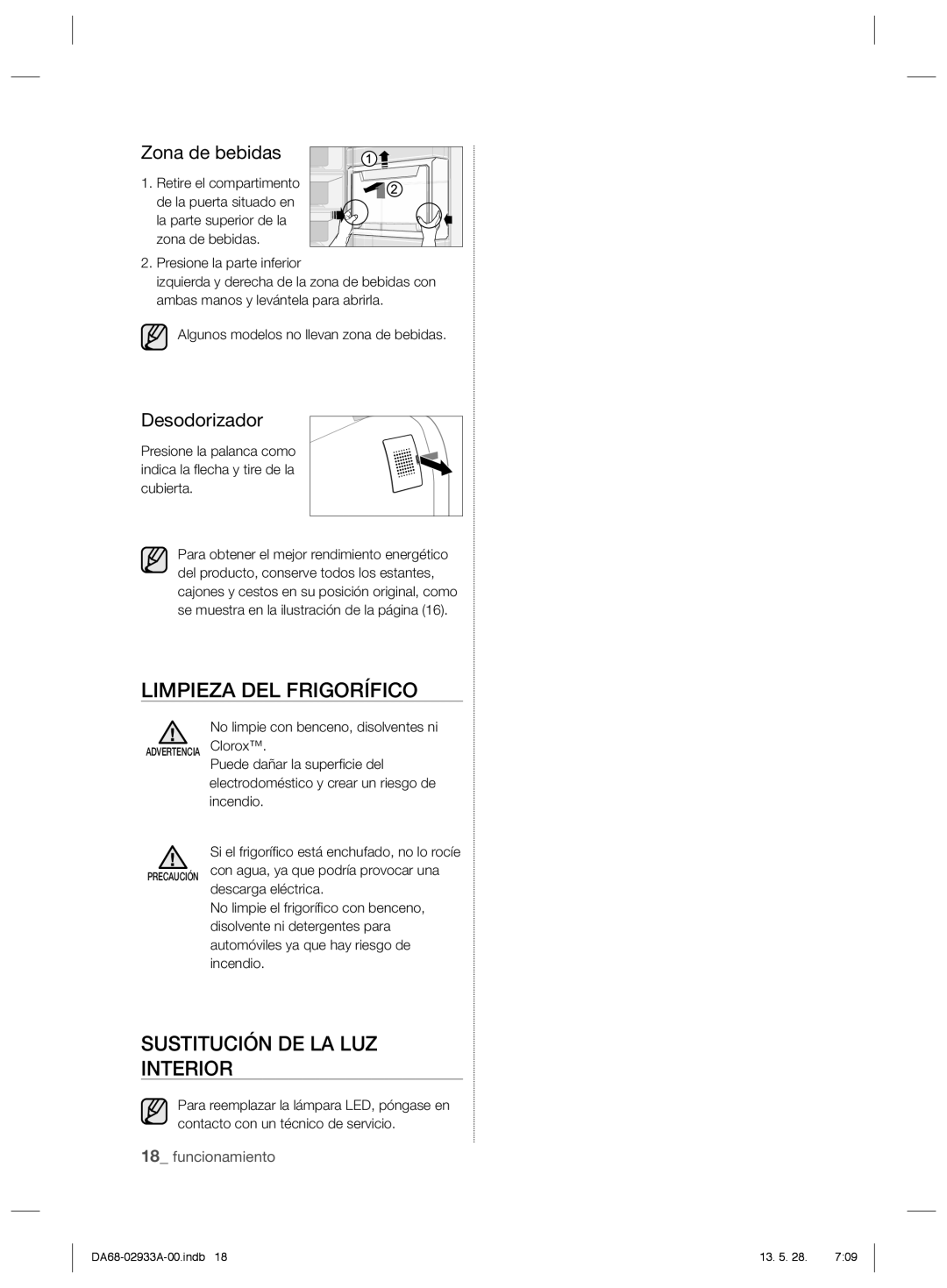 Samsung RR3773ATCSR/ES manual Limpieza DEL Frigorífico, Sustitución DE LA LUZ Interior, Zona de bebidas, Desodorizador 