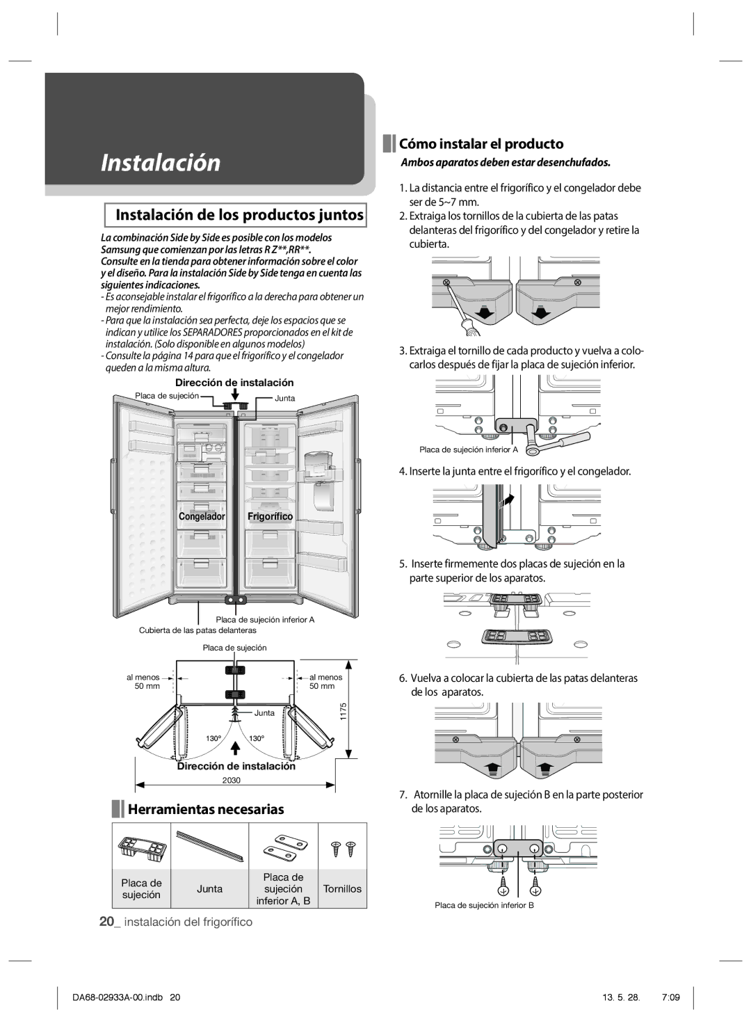 Samsung RR3773ATCSR/ES manual Instalación de los productos juntos, Cómo instalar el producto, Herramientas necesarias 