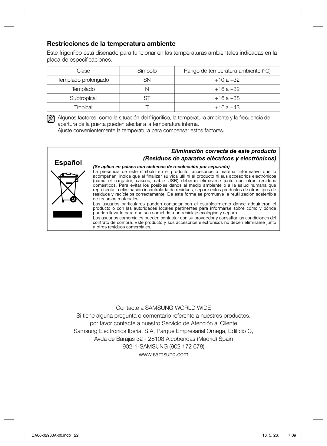 Samsung RR3773ATCSR/ES manual Español, Restricciones de la temperatura ambiente 