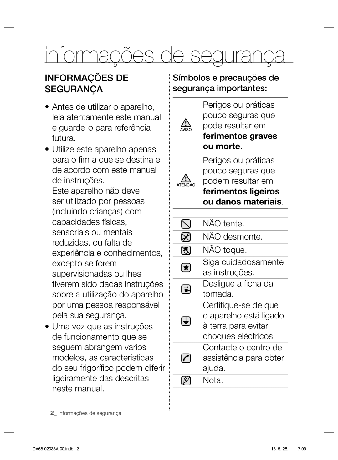 Samsung RR3773ATCSR/ES manual Informações de segurança, Informações DE Segurança 