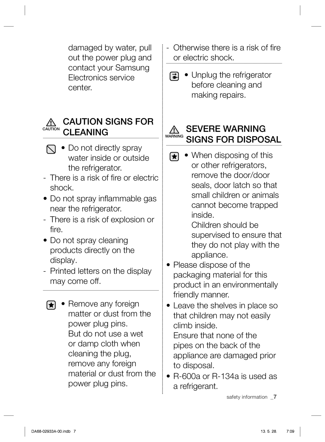 Samsung RR3773ATCSR/ES manual Severe Warning Warning Signs for Disposal 