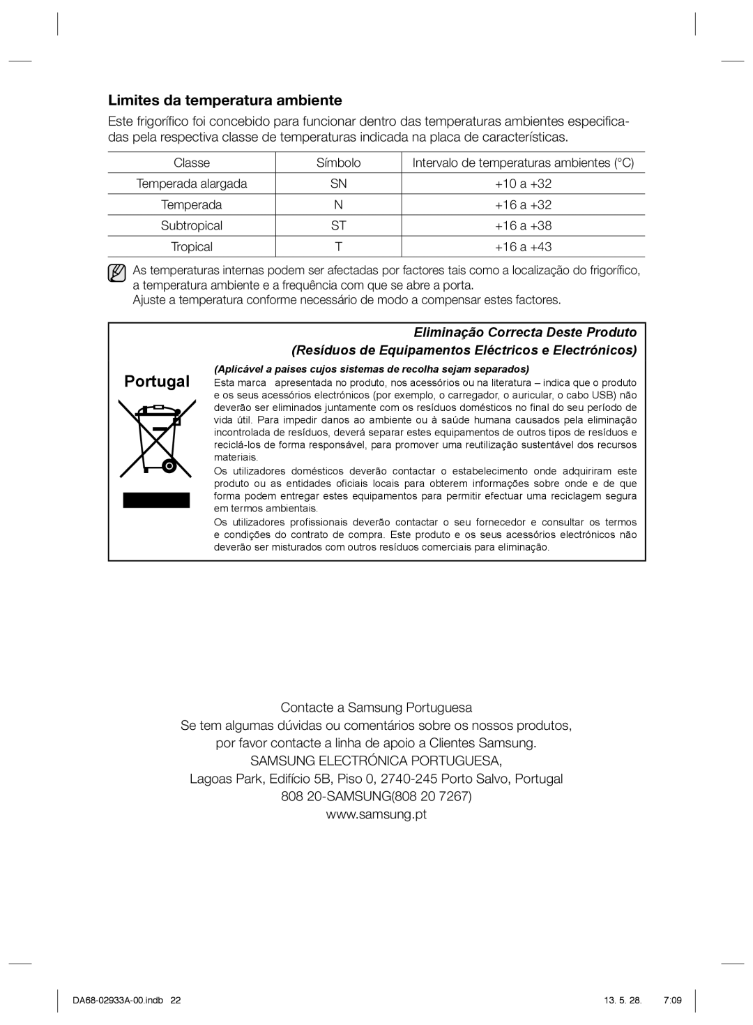 Samsung RR3773ATCSR/ES manual Portugal, Limites da temperatura ambiente 