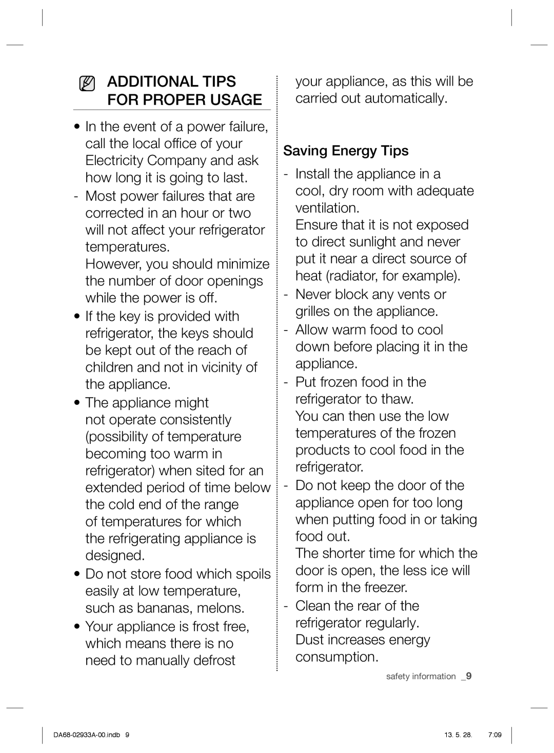 Samsung RR3773ATCSR/ES manual Additional Tips for Proper Usage 