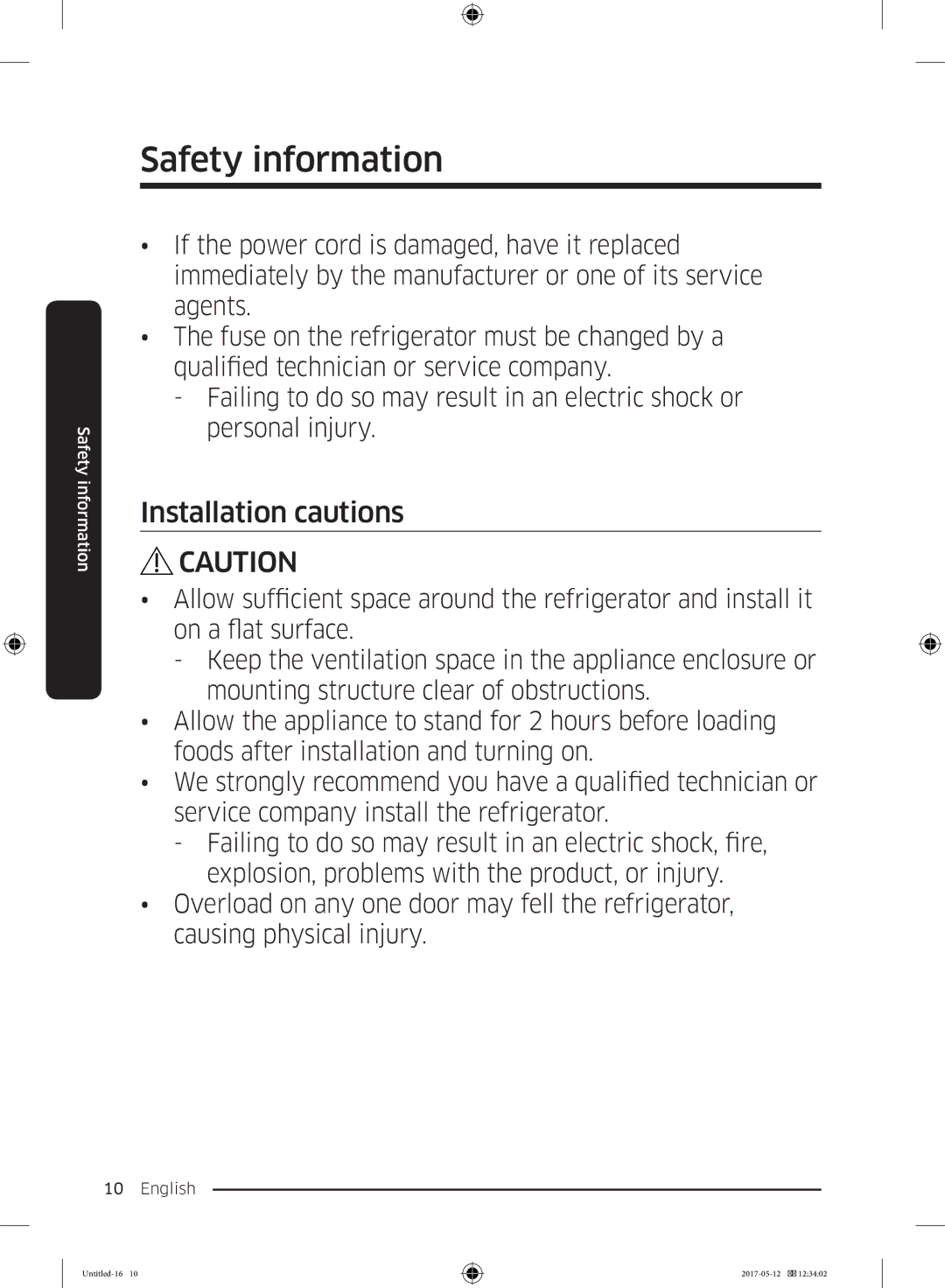 Samsung RR39M71407F/ML, RR39M7000SA/EF, RR39M7200SA/EF, RR39M7000WW/EF, RR39M7200WW/EF, RR39M7110S9/ES Installation cautions 