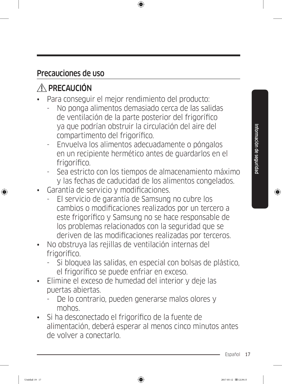 Samsung RR39M7200WW/EF, RR39M7000SA/EF, RR39M7200SA/EF, RR39M7000WW/EF, RR39M7110S9/ES, RR39M7000WW/ES Precauciones de uso 