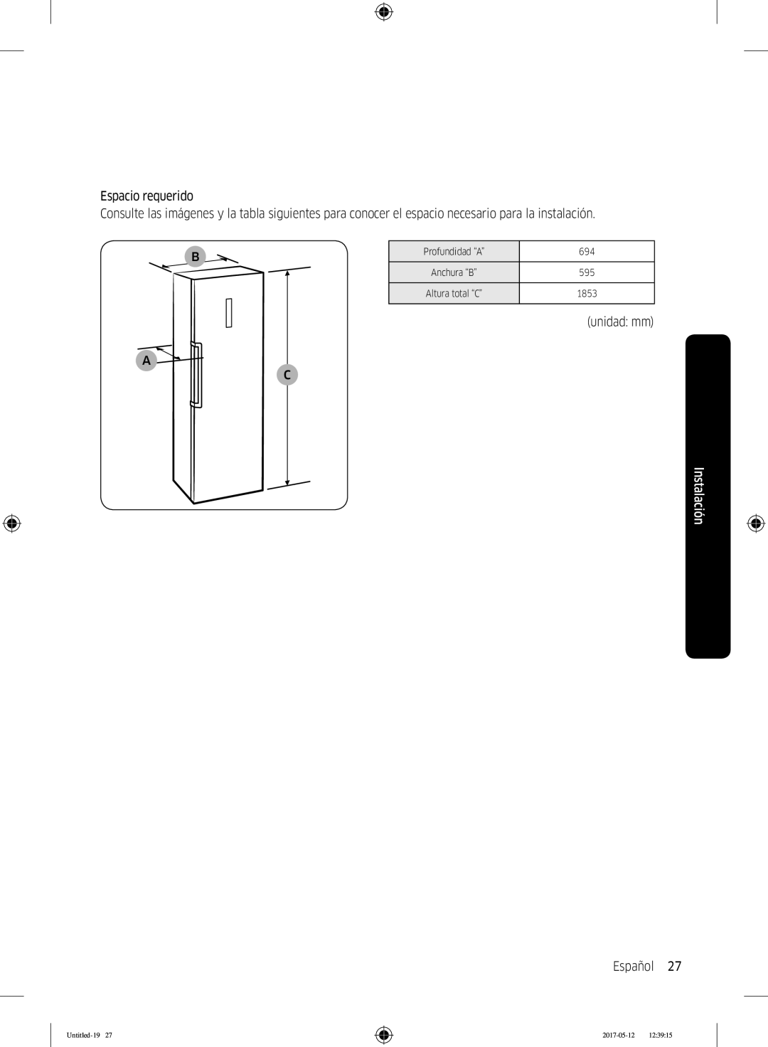 Samsung RR39M7000WW/EF, RR39M7000SA/EF, RR39M7200SA/EF, RR39M7200WW/EF, RR39M7110S9/ES, RR39M7000WW/ES manual Unidad mm 