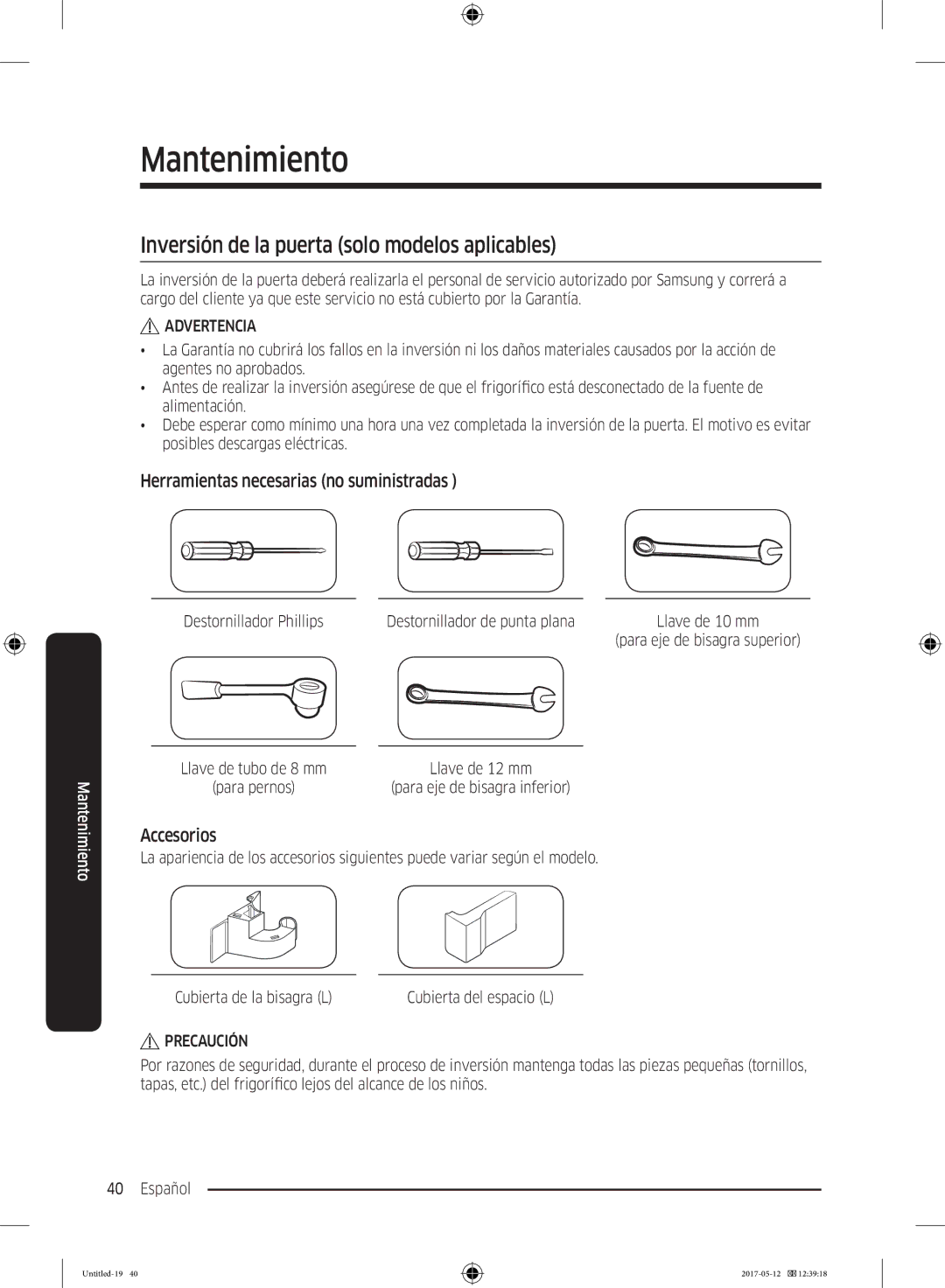 Samsung RR39M7110S9/ES, RR39M7000SA/EF manual Mantenimiento, Inversión de la puerta solo modelos aplicables, Accesorios 