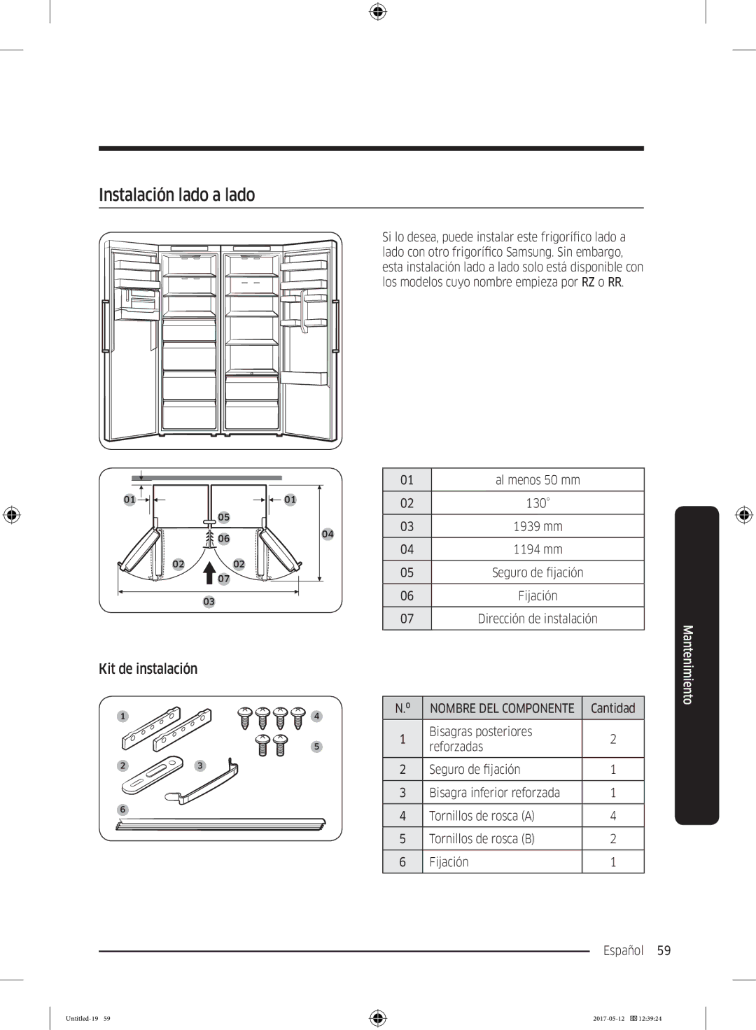 Samsung RR39M7200SA/EF, RR39M7000SA/EF, RR39M7000WW/EF, RR39M7200WW/EF Instalación lado a lado, Kit de instalación, Cantidad 