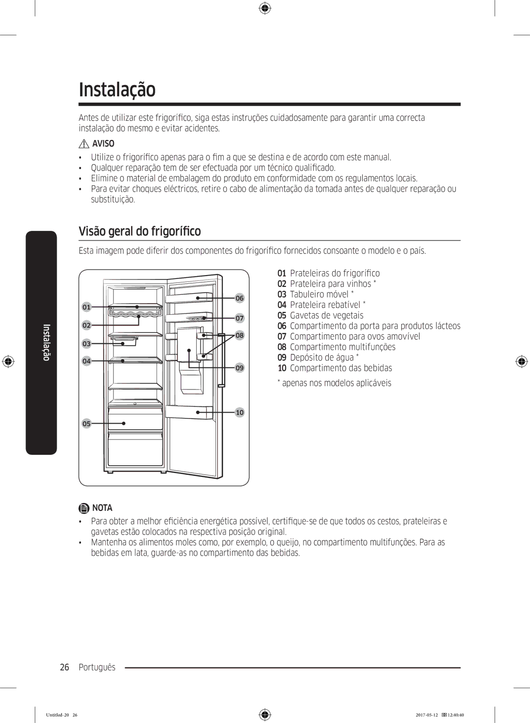 Samsung RR39M7200WW/EF, RR39M7000SA/EF, RR39M7200SA/EF, RR39M7000WW/EF, RR39M7110S9/ES Instalação, Visão geral do frigorífico 