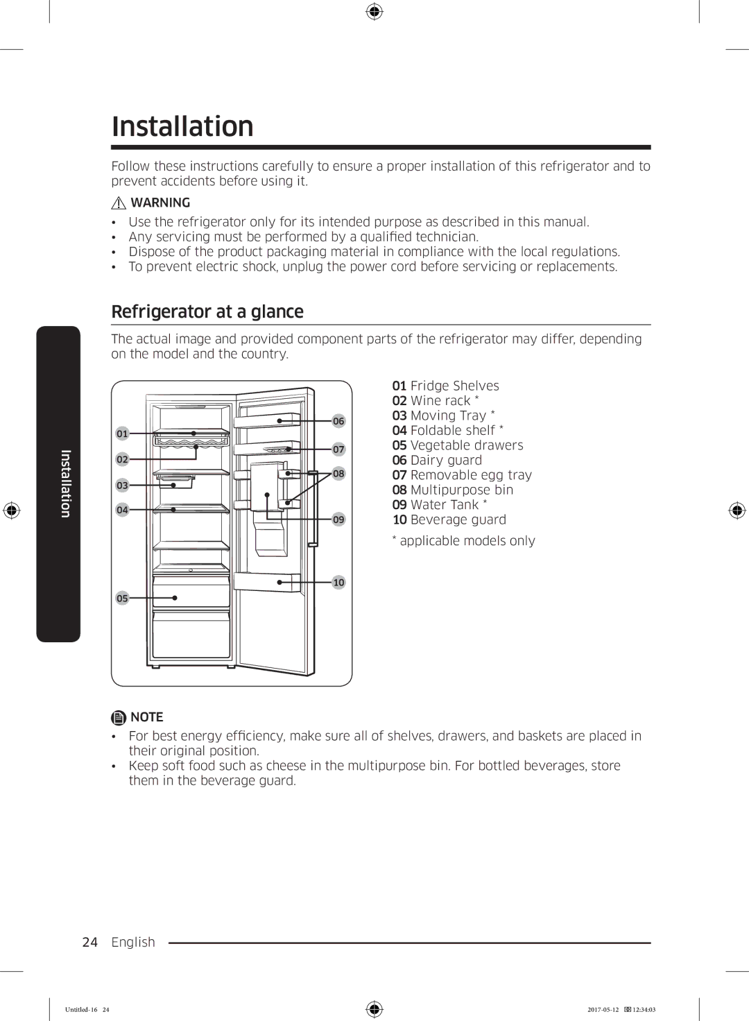 Samsung RR39M7000WW/EF, RR39M7000SA/EF, RR39M7200SA/EF, RR39M7200WW/EF, RR39M7110S9/ES Installation, Refrigerator at a glance 