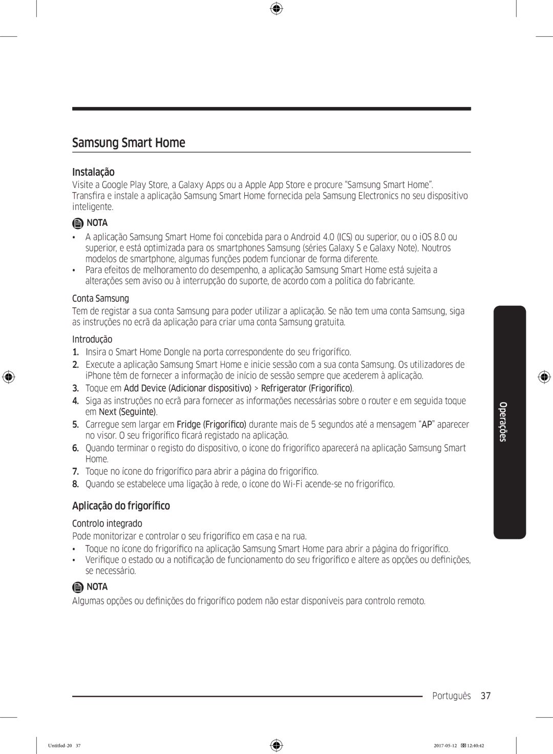 Samsung RR39M7200WW/EF, RR39M7000SA/EF, RR39M7200SA/EF, RR39M7000WW/EF manual Samsung Smart Home, Aplicação do frigorífico 