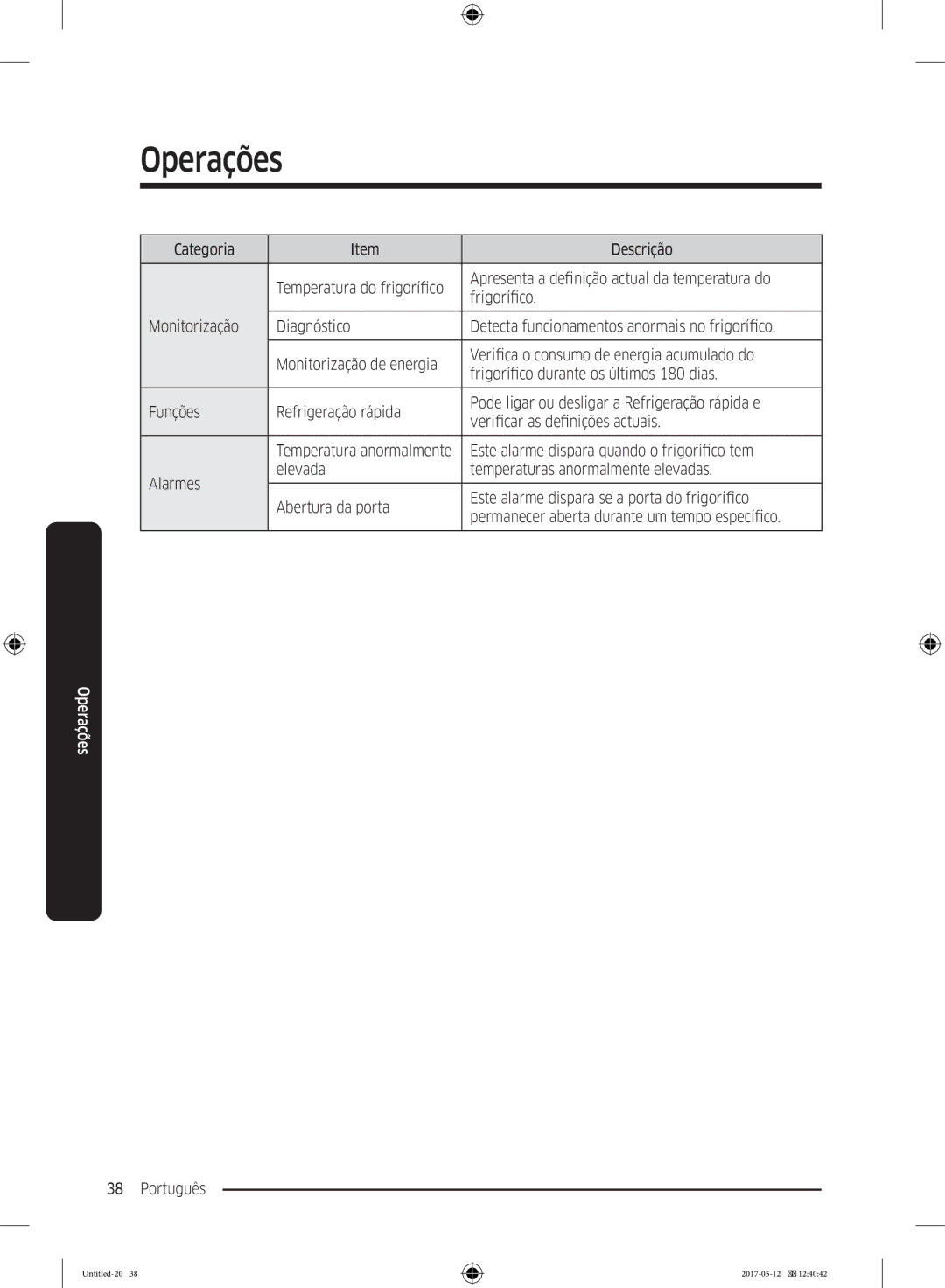 Samsung RR39M7110S9/ES, RR39M7000SA/EF, RR39M7200SA/EF, RR39M7000WW/EF manual Este alarme dispara quando o frigorífico tem 