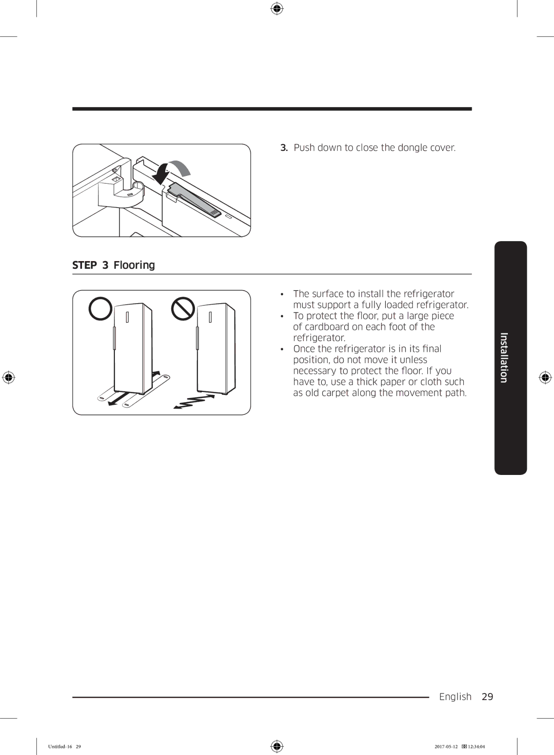 Samsung RR39M70407F/EE, RR39M7000SA/EF, RR39M7200SA/EF, RR39M7000WW/EF manual Flooring, Push down to close the dongle cover 