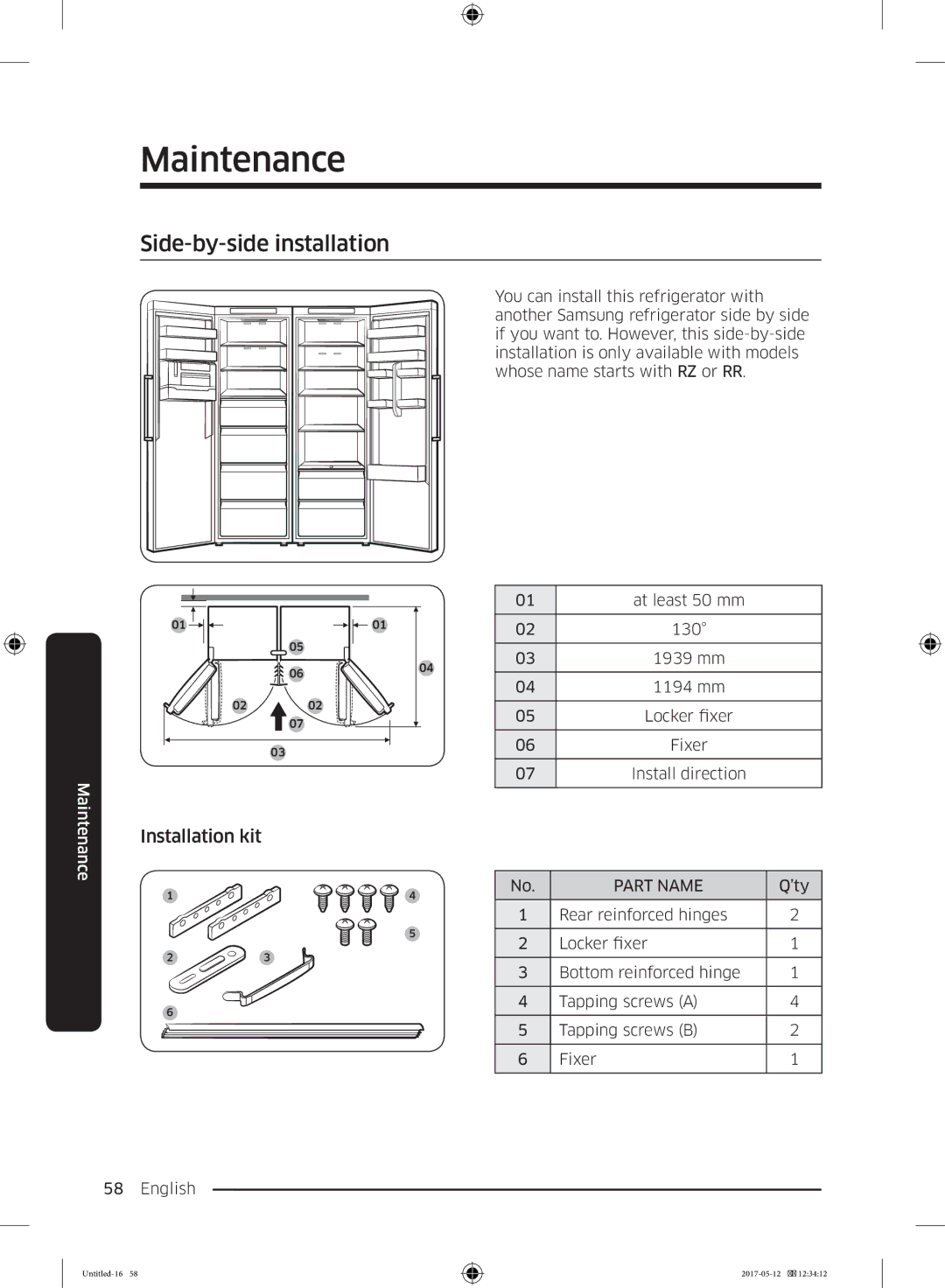 Samsung RR39M7200WW/EF, RR39M7000SA/EF, RR39M7200SA/EF, RR39M7000WW/EF manual Side-by-side installation, Installation kit, ’ty 