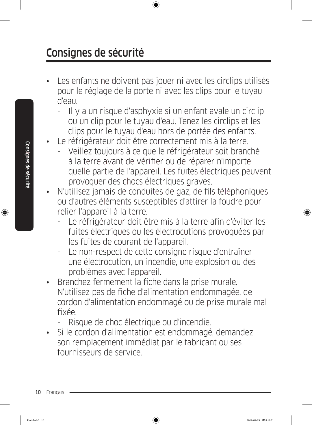 Samsung RR39M7335S9/EF, RR39M7000SA/EF, RR39M7335SA/EF, RR39M7300S9/EF manual Consignes de sécurité 