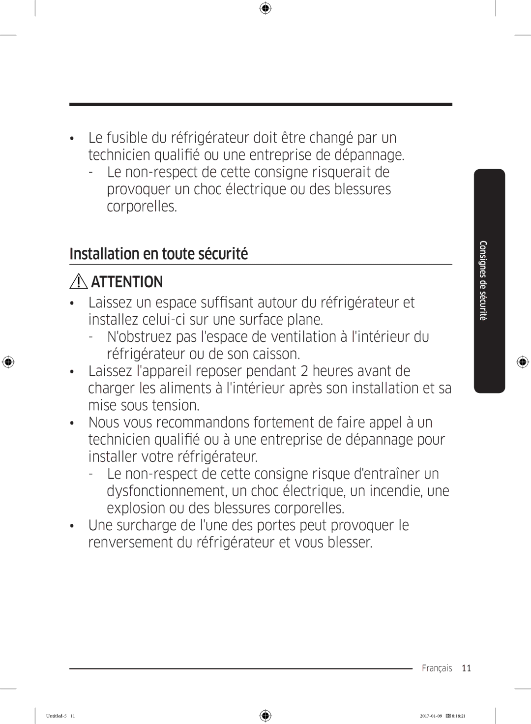 Samsung RR39M7300S9/EF, RR39M7000SA/EF, RR39M7335SA/EF, RR39M7335S9/EF manual Installation en toute sécurité 