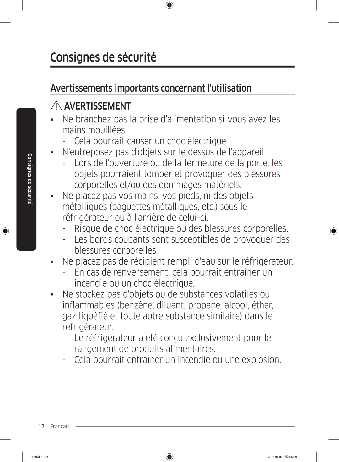 Samsung RR39M7000SA/EF, RR39M7335SA/EF, RR39M7335S9/EF, RR39M7300S9/EF Avertissements importants concernant lutilisation 