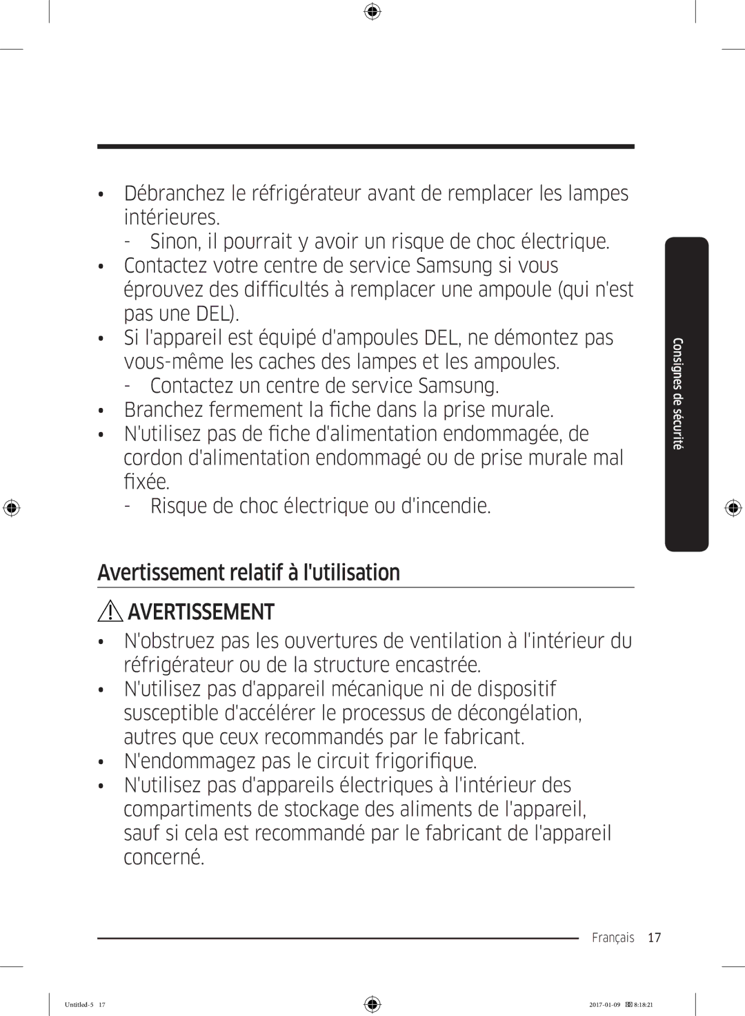 Samsung RR39M7335SA/EF, RR39M7000SA/EF, RR39M7335S9/EF, RR39M7300S9/EF manual Avertissement relatif à lutilisation 