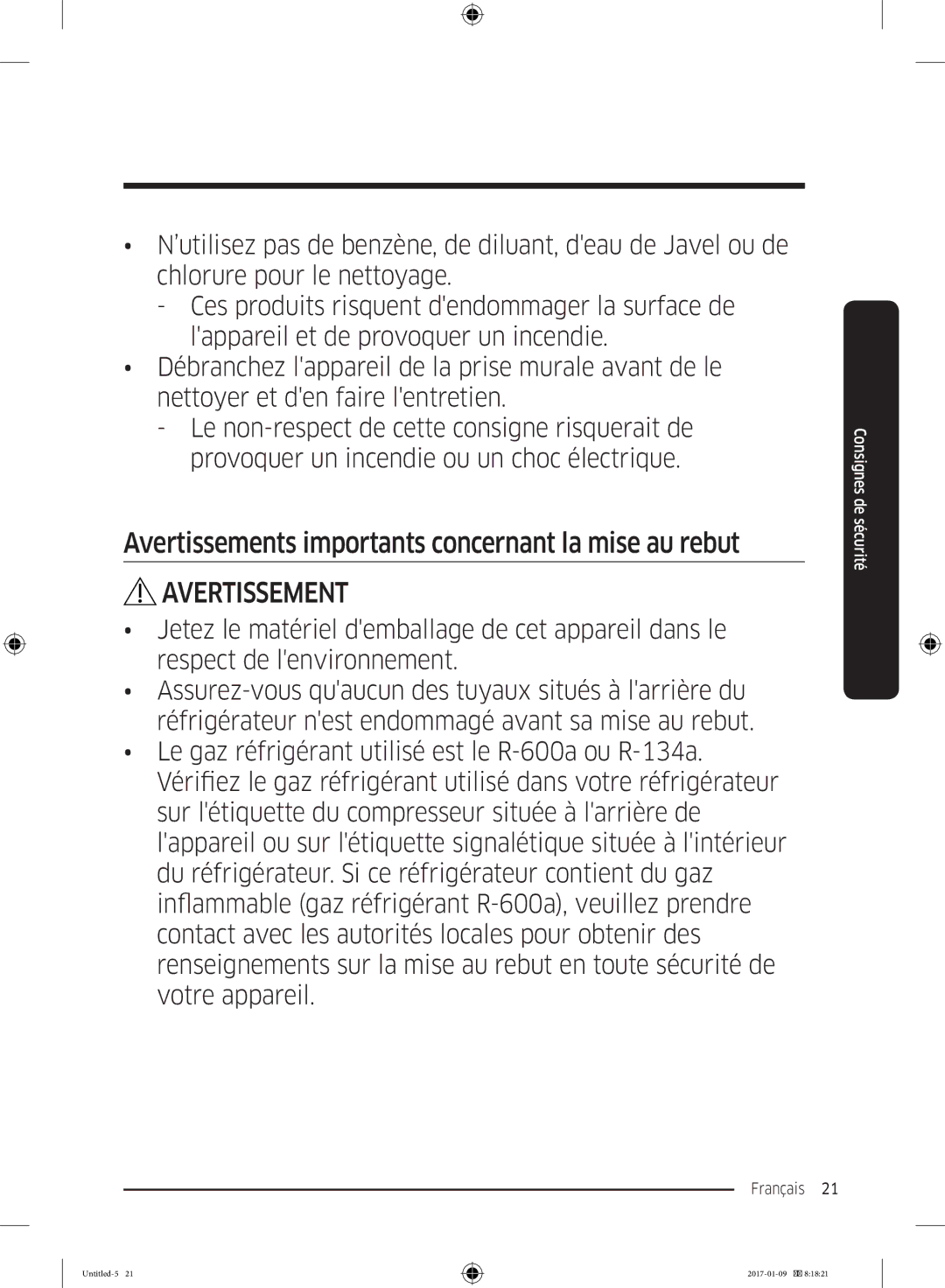 Samsung RR39M7335SA/EF, RR39M7000SA/EF, RR39M7335S9/EF, RR39M7300S9/EF Avertissements importants concernant la mise au rebut 