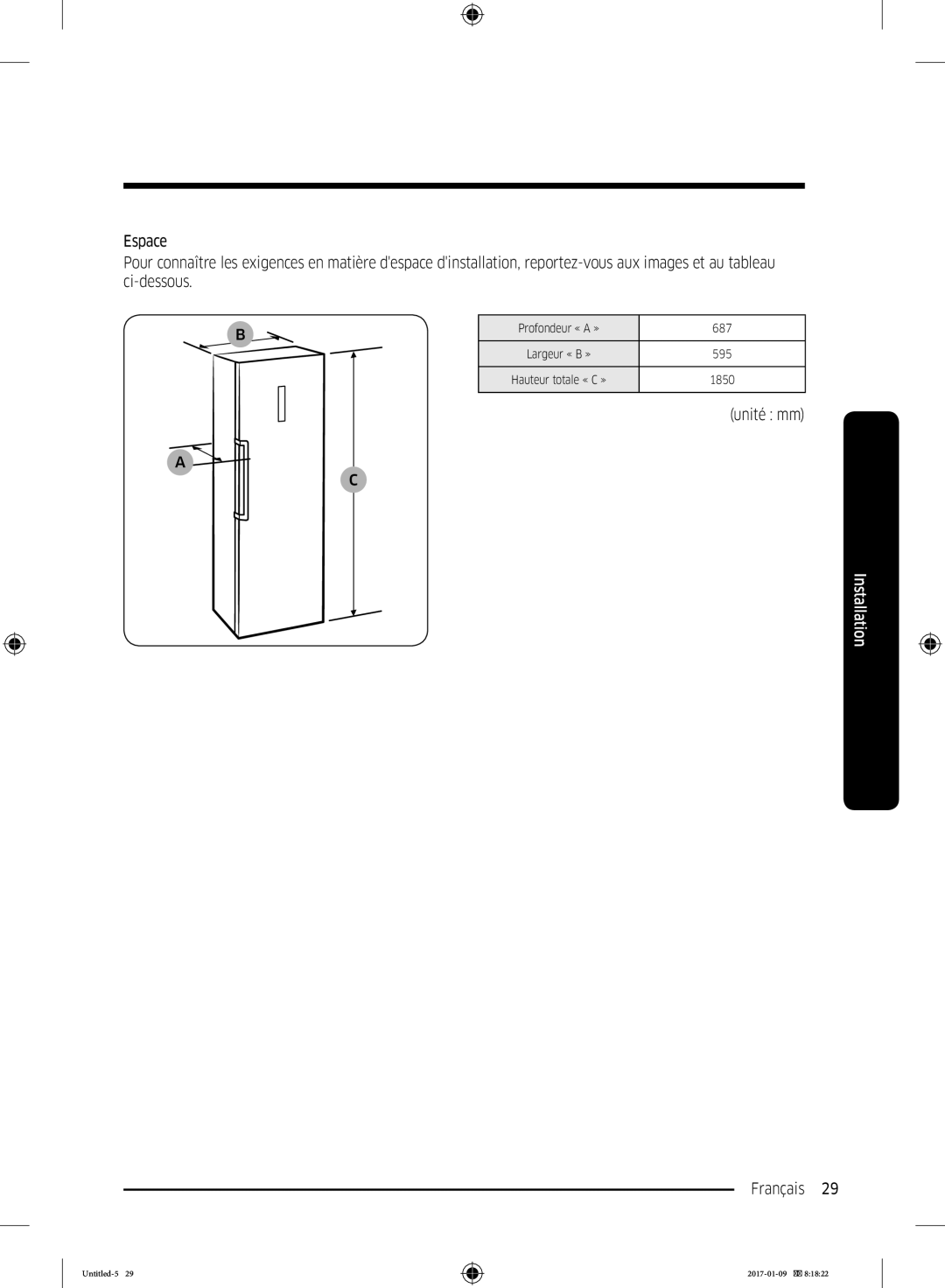 Samsung RR39M7335SA/EF, RR39M7000SA/EF, RR39M7335S9/EF, RR39M7300S9/EF manual Unité mm 