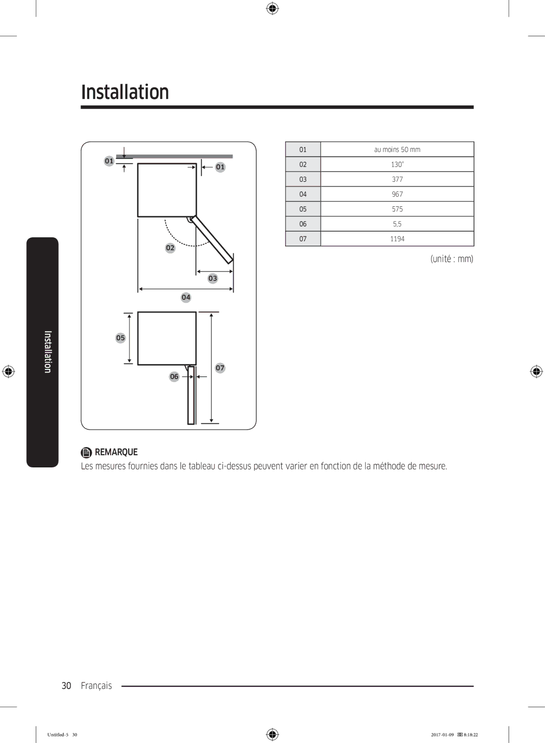 Samsung RR39M7335S9/EF, RR39M7000SA/EF, RR39M7335SA/EF, RR39M7300S9/EF manual Au moins 50 mm 130 377 967 575 1194 