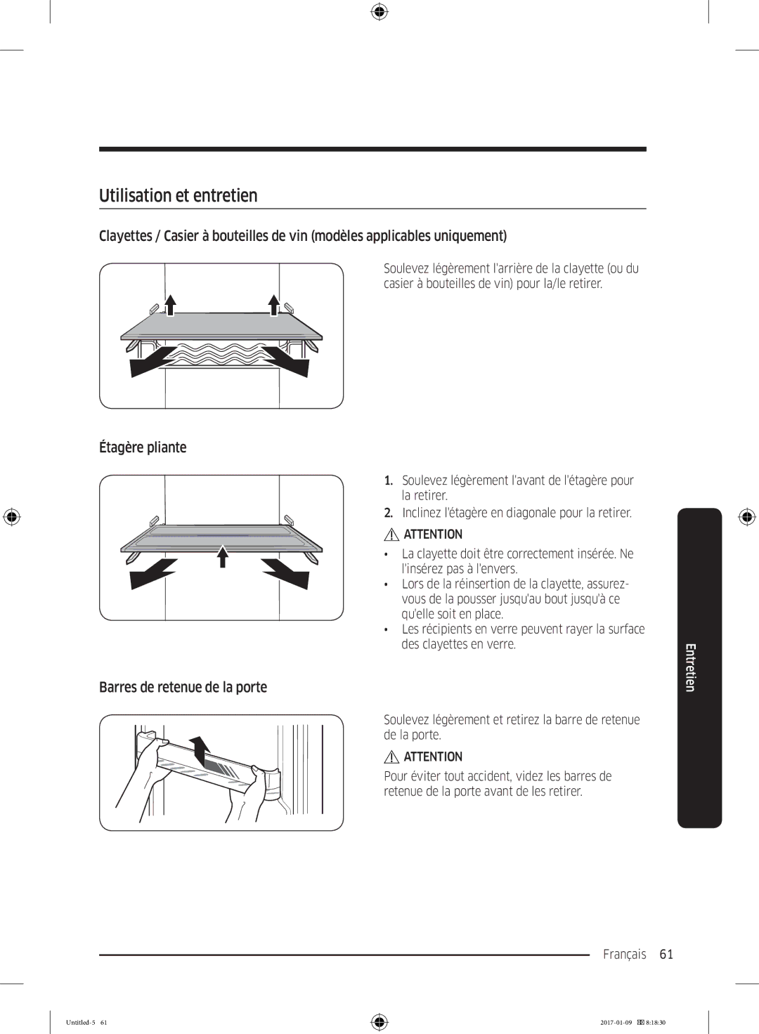 Samsung RR39M7335SA/EF, RR39M7000SA/EF manual Utilisation et entretien, Étagère pliante, Barres de retenue de la porte 