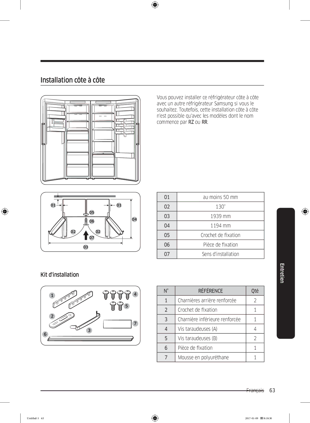 Samsung RR39M7300S9/EF, RR39M7000SA/EF, RR39M7335SA/EF, RR39M7335S9/EF manual Installation côte à côte, Kit dinstallation 