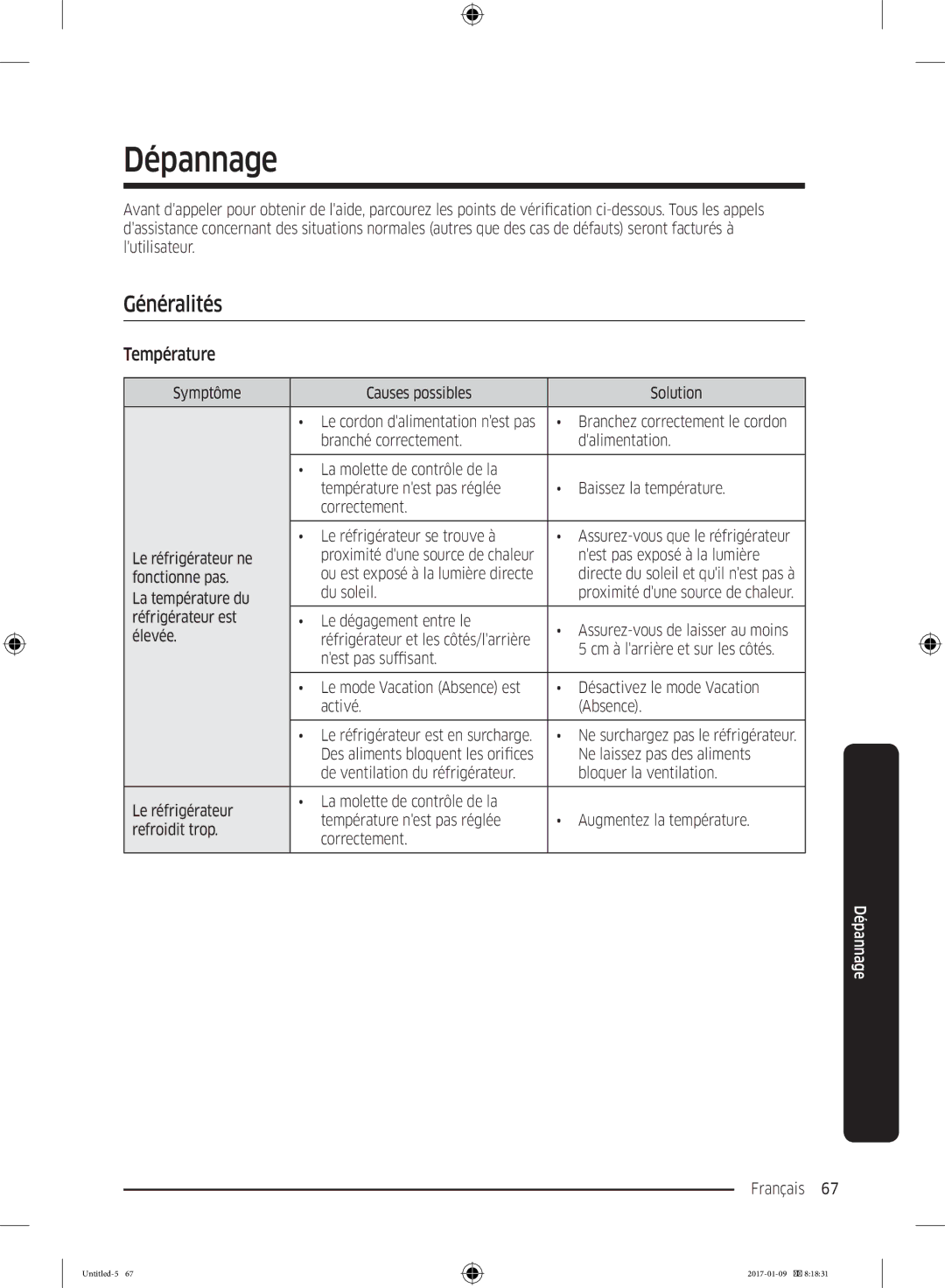 Samsung RR39M7300S9/EF, RR39M7000SA/EF, RR39M7335SA/EF, RR39M7335S9/EF manual Généralités, Température 