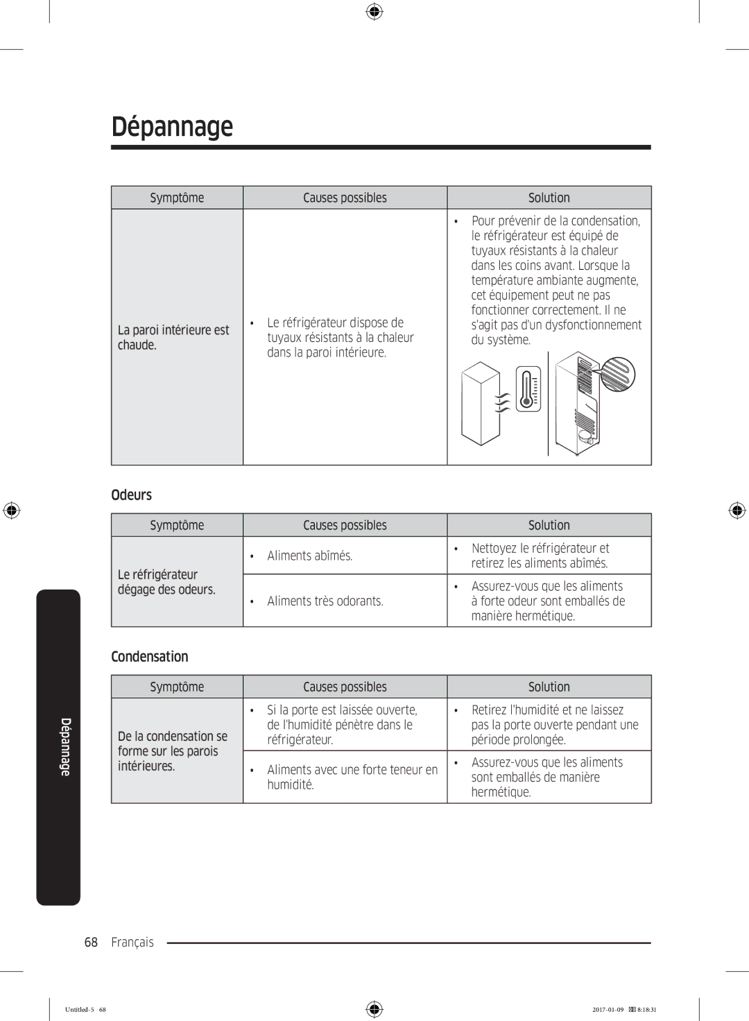 Samsung RR39M7000SA/EF, RR39M7335SA/EF, RR39M7335S9/EF, RR39M7300S9/EF manual Odeurs, Condensation 