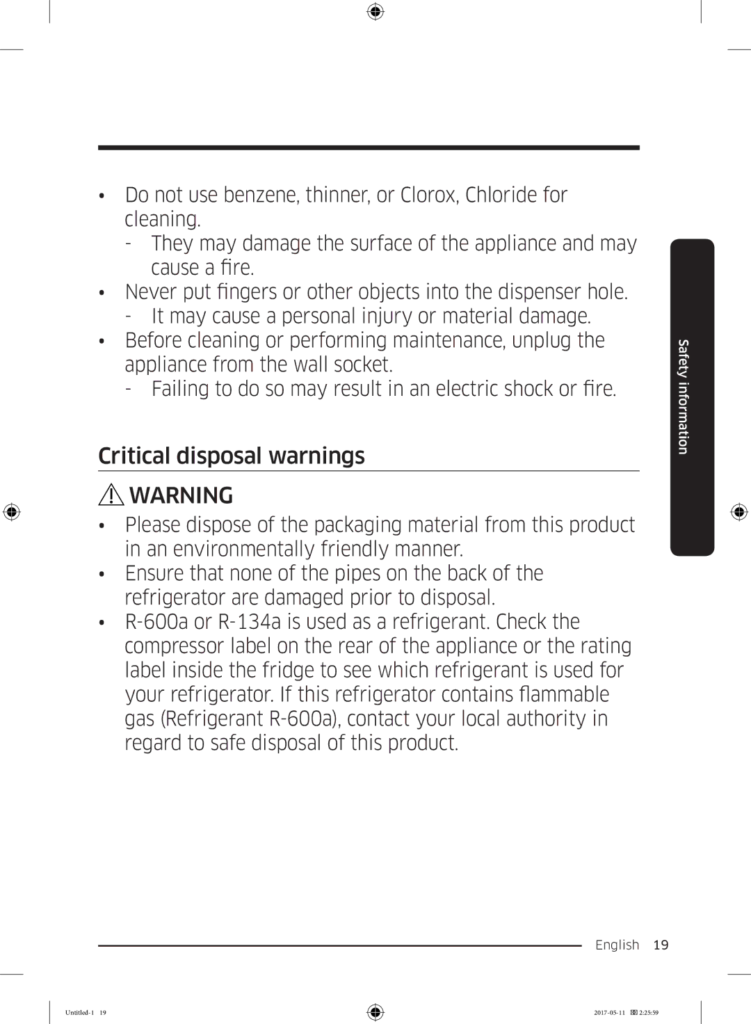 Samsung RR39M73657F/EE, RR39M7000SA/EF, RR39M7335SA/EF, RR39M7335S9/EF, RR39M7300S9/EF manual Critical disposal warnings 