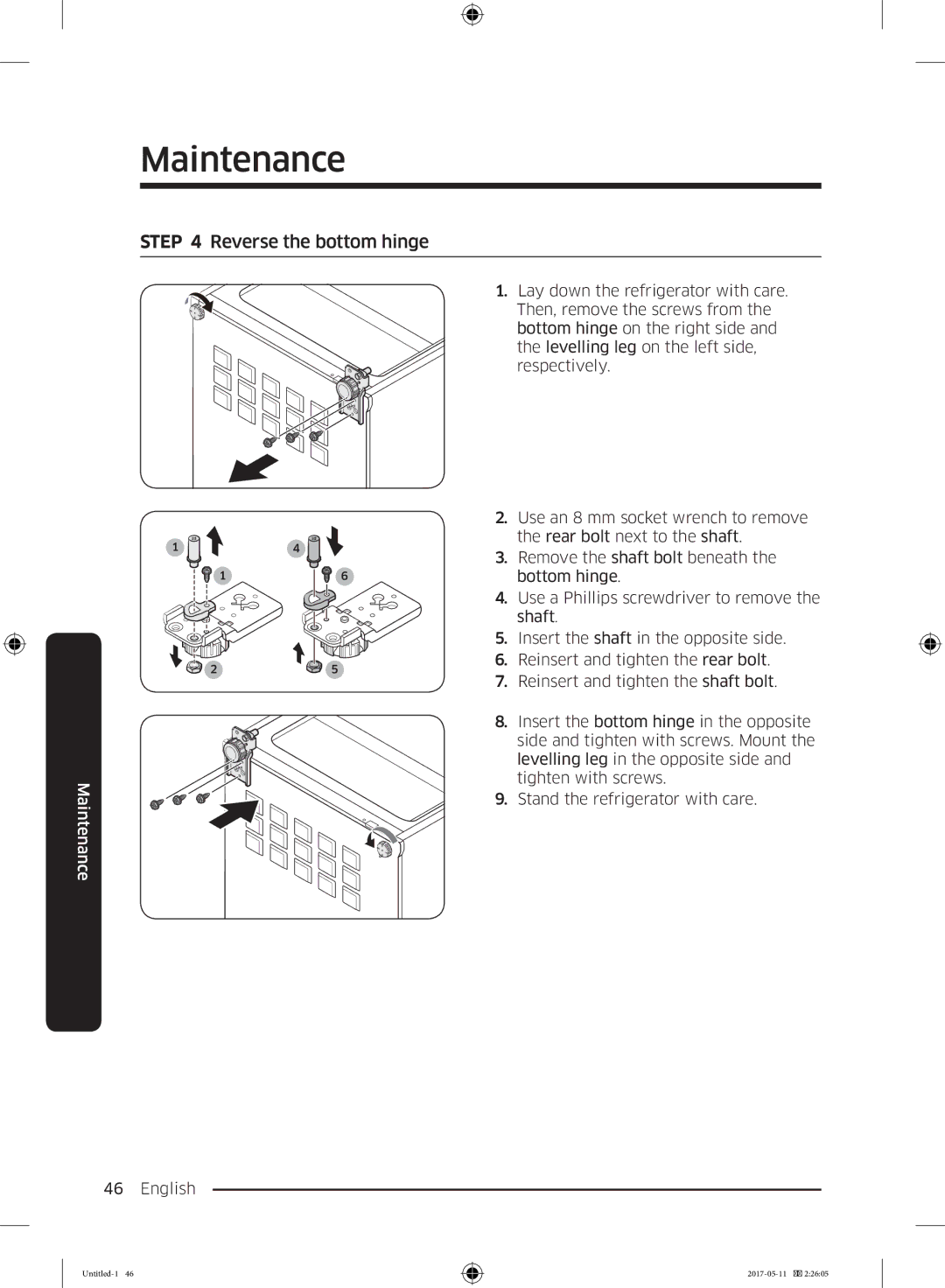 Samsung RR39M7335SA/EF, RR39M7000SA/EF, RR39M7335S9/EF, RR39M7300S9/EF, RR39M73657F/EE manual Reverse the bottom hinge 