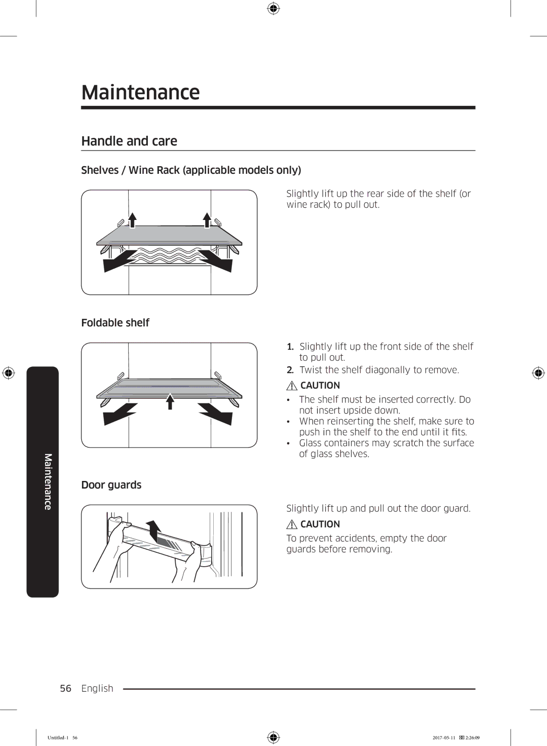 Samsung RR39M7335SA/EF manual Handle and care, Shelves / Wine Rack applicable models only, Foldable shelf Door guards 