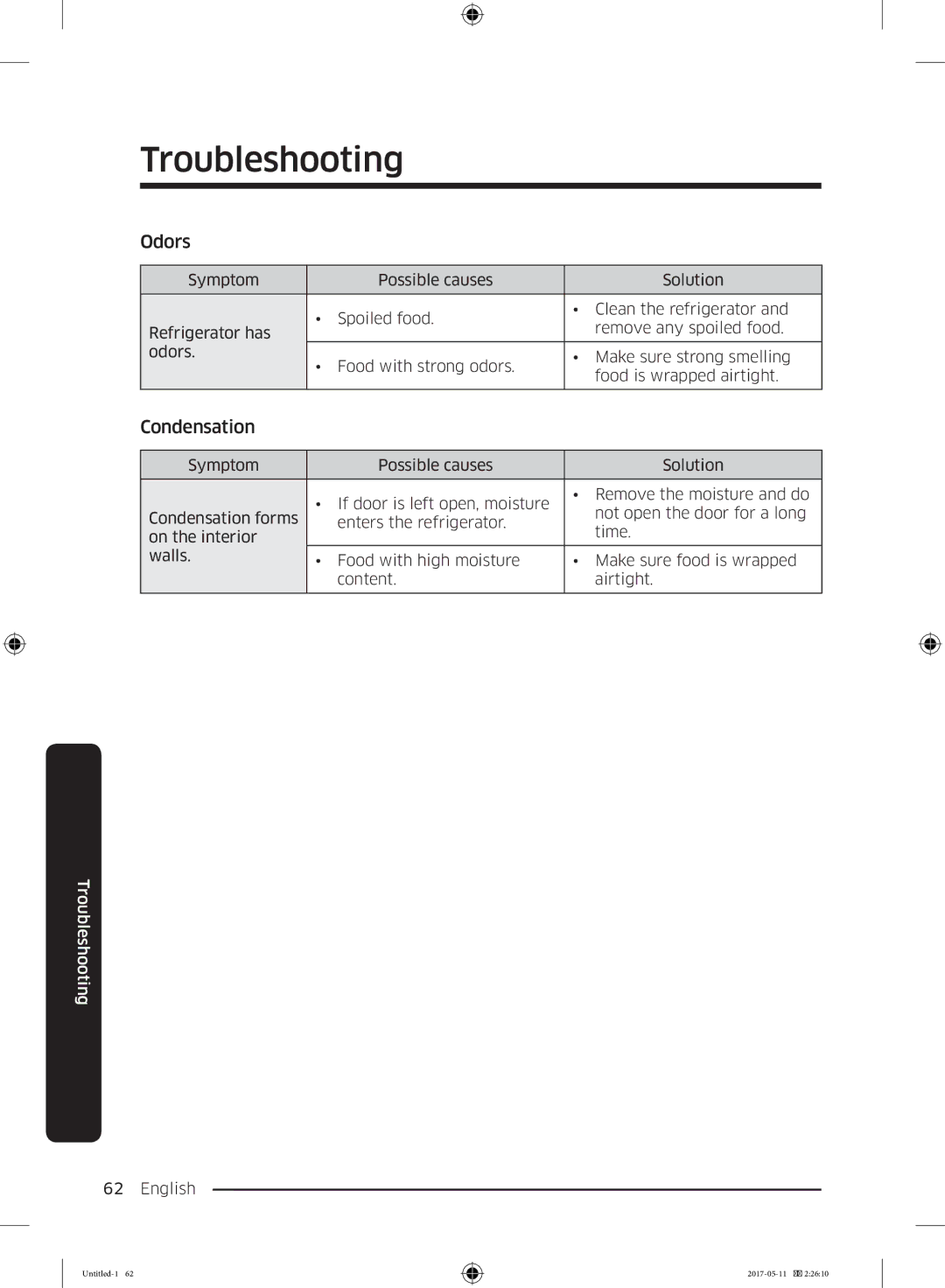 Samsung RR39M7335S9/EF, RR39M7000SA/EF, RR39M7335SA/EF, RR39M7300S9/EF, RR39M73657F/EE manual Odors, Condensation 