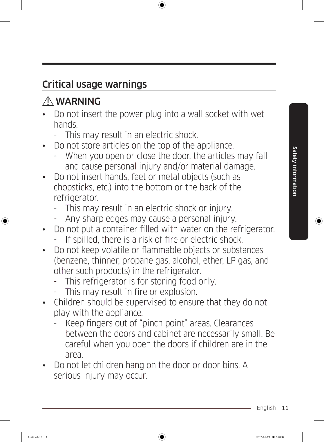 Samsung RR39M7130S9/EF, RR39M7130WW/EF manual Critical usage warnings 