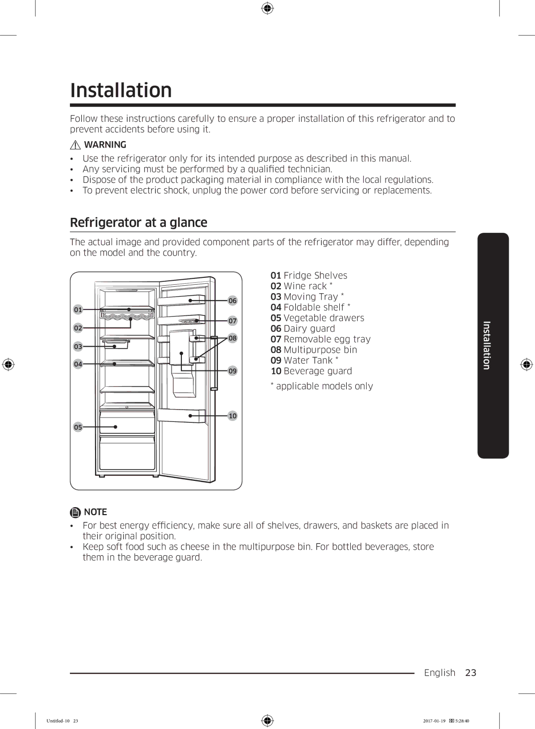 Samsung RR39M7130S9/EF, RR39M7130WW/EF manual Installation, Refrigerator at a glance 