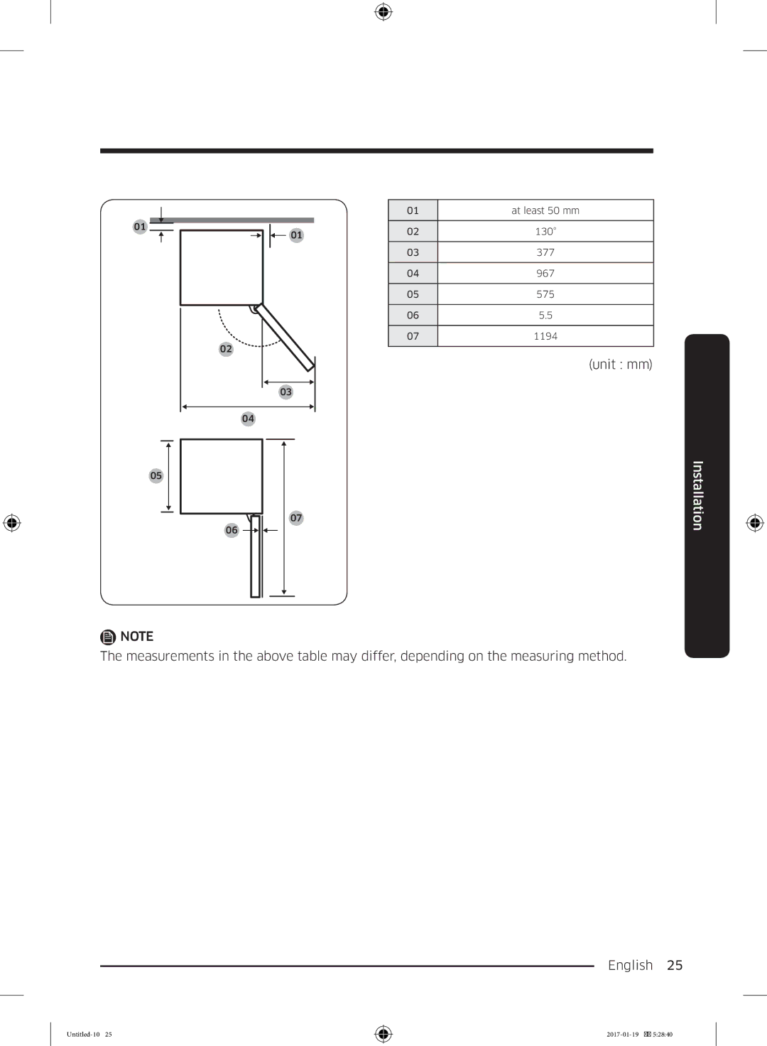 Samsung RR39M7130S9/EF, RR39M7130WW/EF manual At least 50 mm 130 377 967 575 1194 